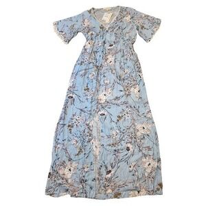 NWT Lovestitch Maxi Dress M Blue Pink Floral Button Front High Waist V Neck